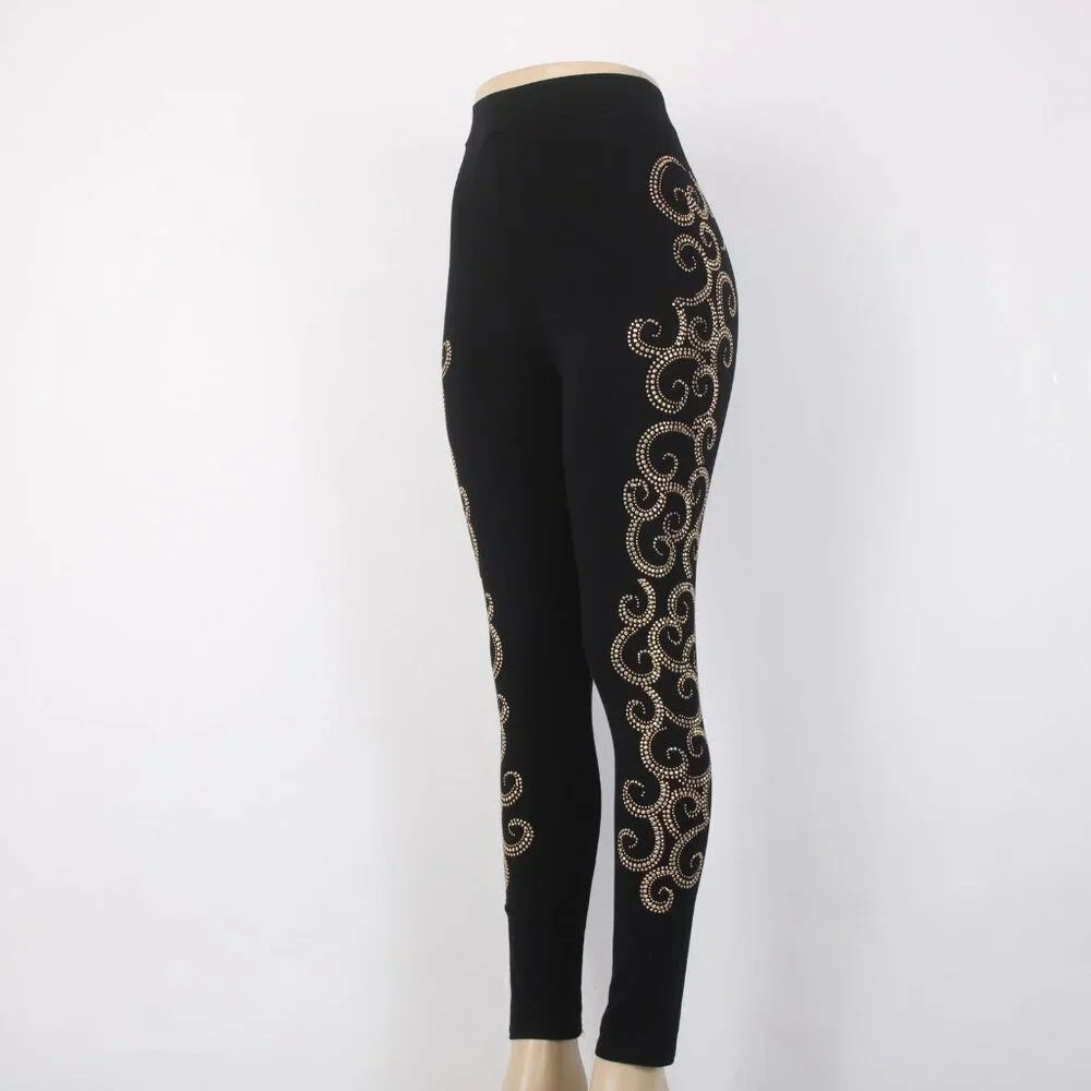 Mode Lia Legging Pant Sz L x 29 Black Gold Embellishment Swirls Rayon Leggings - Picture 2 of 12